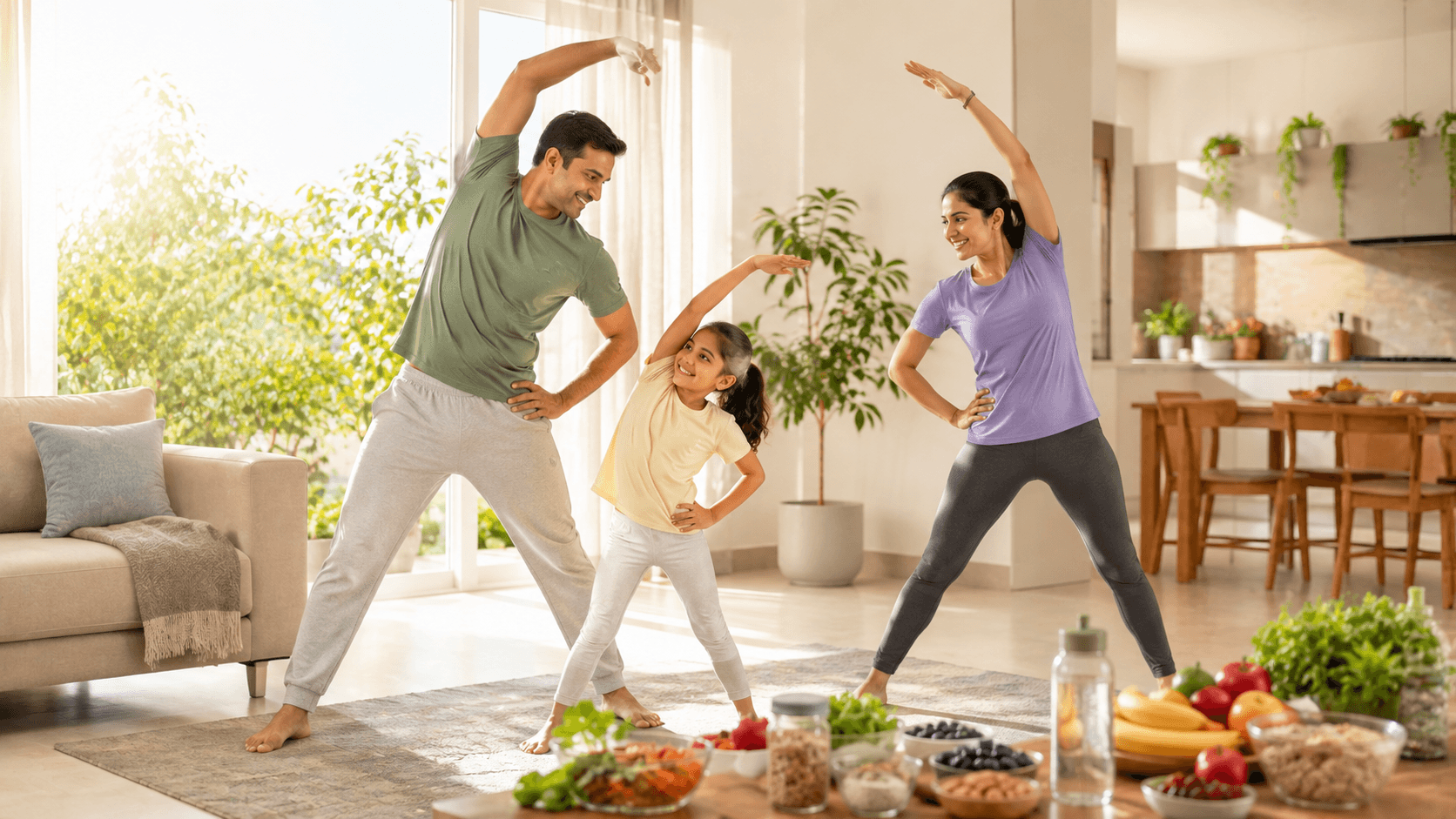 A family stretching together at home surrounded by fresh fruit and vegetables