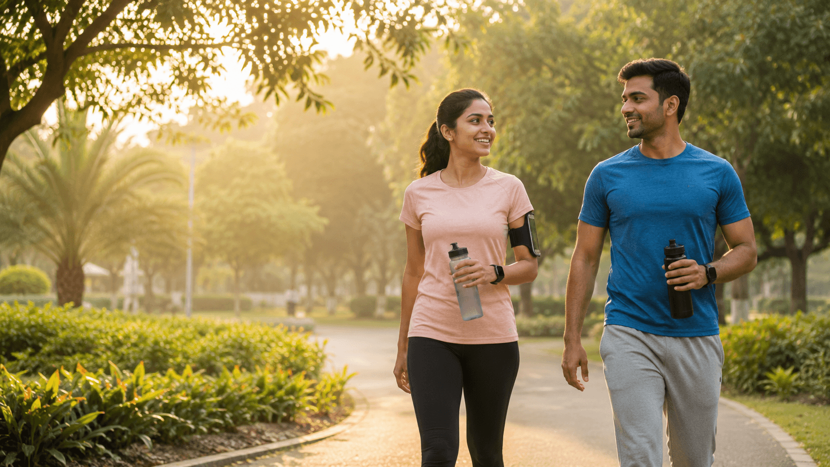 A man and woman walking together outdoors while holding water bottles